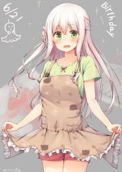 Rule 34 | 1girl, :d, absurdres, animal print, apron, apron lift, blush, cat print, character name, clothes lift, collarbone, cowboy shot, dated, frilled apron, frills, green eyes, grey background, hair ornament, half updo, happy birthday, highres, long hair, looking at viewer, open mouth, original, paw print, pocket, shirt, short sleeves, shorts, silver hair, smile, solo, sparkle, tsuchikure, twitter username