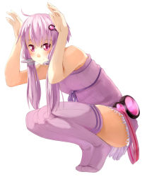 Rule 34 | 1girl, dress, full body, hair ornament, highres, kanzen bouon, pink eyes, pink hair, purple dress, purple thighhighs, ribbed sweater, short hair with long locks, sidelocks, simple background, smile, solo, squatting, sweater, thighhighs, vocaloid, voiceroid, white background, yuzuki yukari