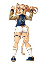 Rule 34 | 1girl, :3, absurdres, animal ears, arms up, ass, breasts, cat ears, cat tail, cleavage, curvy, fang, full body, furry, goya (lucyfer), gym shorts, gym uniform, hand on own hip, highres, large breasts, long hair, looking at viewer, looking back, lucyfer, mexico, original, ponytail, shiny clothes, short shorts, shorts, simple background, smile, spanish text, sportswear, standing, standing on one leg, tail, v, wide hips