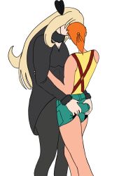 2girls ass closed_eyes cynthia_(pokemon) height_difference kiss long_hair long_sleeves misty_(pokemon) multiple_girls non-web_source short_hair shorts simple_background yuri