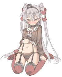 Rule 34 | 10s, 1girl, amatsukaze (kancolle), black panties, blade (galaxist), blush, brown eyes, choker, clothes lift, commentary request, dress, full body, garter straps, kantai collection, lifting own clothes, long hair, long sleeves, navel, panties, sailor dress, school uniform, serafuku, shirt lift, side-tie panties, silver hair, simple background, sitting, solo, suspenders, thighhighs, twintails, two side up, underwear, wariza, white background
