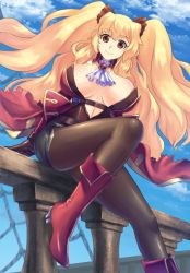 Rule 34 | 1girl, anne bonny (fate), ascot, belt, black pantyhose, blonde hair, boots, breasts, day, fate/grand order, fate (series), from below, gloves, hair ribbon, large breasts, long hair, looking at viewer, looking down, pantyhose, red eyes, red footwear, ribbon, shingo (picturepuzzle), shorts, sitting, sky, smile, solo, torn clothes, twintails