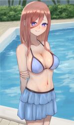 Rule 34 | 1girl, arm behind back, arms behind back, bare shoulders, bikini, blue bikini, blue eyes, blue sky, blush, breasts, brown hair, cleavage, closed mouth, collarbone, commentary request, cowboy shot, day, frilled bikini, frills, go-toubun no hanayome, gomashiwo o, hair between eyes, large breasts, looking at viewer, nakano miku, navel, outdoors, pool, poolside, purple eyes, side-tie bikini bottom, sky, smile, solo, standing, string bikini, swimsuit, water, wet