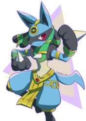 Rule 34 | armor, black hair, blue fur, closed mouth, creatures (company), frown, furry, game freak, gen 4 pokemon, highres, houjicha p, lucario, lucario (ruins), nintendo, pokemon, pokemon (creature), pokemon unite, red eyes, sidelocks, signature, solo, tail