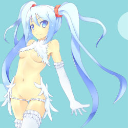 Rule 34 | 1girl, alternate costume, aqua eyes, aqua hair, blue background, breasts, elbow gloves, gloves, hatsune miku, long hair, navel, pon (pixiv 61434), pon (shind 997), simple background, smile, solo, thighhighs, twintails, underboob, underwear, very long hair, vocaloid