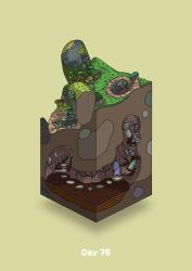 Rule 34 | cave, commentary request, diorama, gozz, highres, isometric, moss, olmec head, original, overgrown, plant, stairs, stepping stones, yellow background
