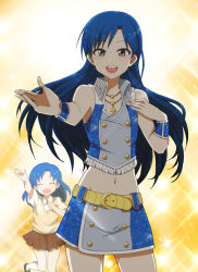 Rule 34 | 1girl, belt, blue hair, brown eyes, brown skirt, cross, cross necklace, dual persona, fringe trim, idolmaster, idolmaster (classic), jewelry, kidachi, kisaragi chihaya, long hair, looking at viewer, microphone, midriff, navel, necklace, open mouth, outstretched hand, pleated skirt, skirt, smile, solo, sparkle, wristband, aged down