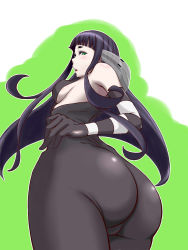 Rule 34 | 1girl, ass, bare shoulders, black hair, blush, bodysuit, breasts, cameltoe, from behind, green eyes, highres, huge ass, long hair, looking at viewer, looking down, maggot baits, open mouth, parted lips, sideboob, solo, wilma the witch
