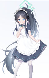 1girl :q absurdres apron aqua_halo aris_(blue_archive) aris_(maid)_(blue_archive) black_dress black_hair blue_archive blue_eyes commentary_request dress feet_out_of_frame halo hand_up highres index_finger_raised long_hair looking_at_viewer maid maid_apron maid_headdress mofashi_(sxaf8777) official_alternate_costume pantyhose ponytail simple_background skirt_hold solo tongue tongue_out very_long_hair white_pantyhose