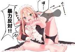 Rule 34 | 1boy, 1girl, anger vein, ankle grab, apron, aqua eyes, barefoot, black panties, blonde hair, blush, crotch seam, disembodied limb, dress, elf, feet, foot focus, long pointy ears, maid, maid apron, maid headdress, open mouth, original, panties, pointy ears, simple background, soles, sweat, toes, tukimitake, underwear, white background