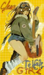 Rule 34 | 1girl, abstract background, brown footwear, brown hair, electric guitar, goggles, goggles on head, guitar, highres, holding, holding guitar, holding instrument, hott0g111, instrument, jacket, long hair, nanaco (hott0g111), open mouth, original, shoes, shorts, socks, solo, white socks