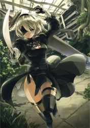 Rule 34 | 1girl, aikana, black dress, black thighhighs, blindfold, boots, cleavage cutout, clothing cutout, dress, gloves, gluteal fold, juliet sleeves, long bangs, long sleeves, nier:automata, nier (series), panties, puffy sleeves, short hair, silver hair, skindentation, solo, square enix, sword, thigh boots, thighhighs, underwear, weapon, white panties, 2b (nier:automata)
