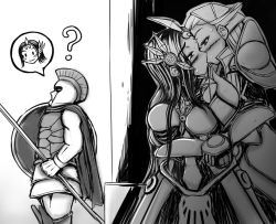 Rule 34 | 1boy, 2girls, armor, bad id, bad pixiv id, diana (league of legends), forehead protector, greyscale, kiss, league of legends, leona (league of legends), long hair, monochrome, monochrome, multiple girls, oldlim, pantheon (league of legends), shield, weapon, yuri
