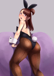 Rule 34 | 10s, 1girl, animal ears, ass, back-seamed legwear, bare back, bare shoulders, blush, breasts, brown hair, fake animal ears, fishnet pantyhose, fishnets, from behind, highres, kagari atsuko, legs, leotard, lips, little witch academia, looking back, open mouth, pantyhose, pink lips, playboy bunny, rabbit ears, rabbit tail, red eyes, seamed legwear, sideboob, sidelocks, solo, tail, wrist cuffs