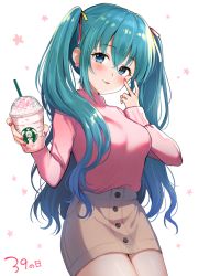 Rule 34 | 1girl, 39, blue eyes, blue hair, blush, brand name imitation, breasts, brown skirt, buttons, cowboy shot, cup, disposable cup, drinking straw, hair between eyes, hair ribbon, hand up, hatsune miku, head tilt, holding, holding cup, long hair, long sleeves, looking at viewer, medium breasts, nail polish, nishizawa, pencil skirt, pink sweater, red nails, ribbon, shirt tucked in, sidelocks, skirt, smile, solo, standing, sweater, tongue, tongue out, turtleneck, twintails, vocaloid