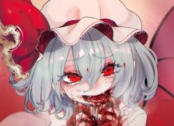 Rule 34 | 1girl, bat wings, blood, blood on clothes, blood on face, blood on hands, blouse, blue hair, blurry, blurry background, blush, bow, commentary, eyelashes, eyes visible through hair, fangs, fua yuu, hair between eyes, half-closed eyes, hand to own mouth, hat, hat bow, light blue hair, looking at viewer, mob cap, nail polish, open mouth, pink background, portrait, raised eyebrows, red eyes, red nails, remilia scarlet, shirt, short hair, signature, simple background, smile, solo, teeth, touhou, wavy hair, white shirt, wings
