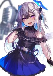 Rule 34 | 1girl, :d, akieda, amane kanata, amane kanata (work), bad id, bad twitter id, bare shoulders, black dress, black gloves, blue dress, blue hair, blurry, blurry foreground, colored inner hair, cowboy shot, dress, gloves, gradient dress, grey hair, hair between eyes, hair ornament, hairclip, halo, hololive, looking at viewer, microphone, multicolored hair, open mouth, purple eyes, short sleeves, smile, solo, standing, star halo, two side up, virtual youtuber