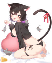 Rule 34 | 1girl, absurdres, animal, animal ears, aoitsuki, ass, barefoot, bed sheet, black bra, black hair, black hoodie, black panties, bra, breasts, brown eyes, cat ears, cat girl, cat tail, cheese, commentary, food, from side, heart, heart-shaped pillow, highres, holding, holding animal, hood, hood down, hoodie, long sleeves, looking at viewer, medium breasts, mouse, no pants, on bed, open clothes, open hoodie, open mouth, original, panties, pillow, ribbon, side-tie panties, simple background, soles, solo, tail, tail ornament, tail ribbon, thigh strap, toes, tongue, tongue out, underwear, white background