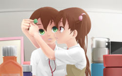 Rule 34 | 1boy, 1girl, adjusting hair, androgynous, blush, brother and sister, brown eyes, brown hair, child, crossdressing, green eyes, hair ornament, hairclip, highres, lips, long hair, open mouth, original, parted lips, school uniform, short hair, siblings, trap, twintails, yuki18r