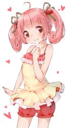 Rule 34 | 1girl, bad id, bad pixiv id, bloomers, brown eyes, dress, food, fruit, hand on own chest, heart, highres, original, pink hair, red bloomers, rima (rimarip), solo, strawberry, twintails, underwear, white background