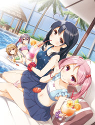Rule 34 | 10s, 4girls, ahoge, akebono (kancolle), bandaid, bandaid on face, bandeau, bare shoulders, bell, bendy straw, bikini, bikini top only, black hair, blue skirt, brown hair, building, casual one-piece swimsuit, choker, closed mouth, cocktail, commentary request, crab, crop top, crossed legs, cup, cupping glass, day, drinking, drinking glass, drinking straw, dutch angle, flower, food, fruit, goggles, goggles around neck, hair bell, hair bobbles, hair flower, hair ornament, highres, holding, holding cup, holding drinking glass, hurricane glass, inflatable raft, jingle bell, kantai collection, legs together, long hair, lying, midriff, multiple girls, navel, oboro (kancolle), on side, one-piece swimsuit, orange (fruit), orange slice, outdoors, palm tree, pillow, pink eyes, pink hair, pleated skirt, polka dot, polka dot swimsuit, ponytail, pool, poolside, purple hair, rabbit, sazanami (kancolle), scrunchie, short hair, side-by-side, side ponytail, skirt, smile, swimsuit, swimsuit under clothes, tree, twintails, umbrella, ushio (kancolle), water, waving, wrist scrunchie, wristband, yume no owari