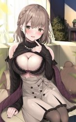 Rule 34 | 1girl, :d, bare shoulders, black bra, black nails, black sweater, blush, book, bookshelf, bra, braid, breasts, brown eyes, brown hair, cleavage, clothes lift, commentary request, couch, curtains, detached sleeves, earrings, grey pantyhose, hair between eyes, hand on own chest, highres, jewelry, lace trim, large breasts, light, looking at viewer, mole, mole on breast, nail polish, necklace, open mouth, original, pantyhose, pearl necklace, piercing, pillow, plant, pleated skirt, potted plant, purple scarf, ribbed sweater, scarf, shadow, shirt lift, short hair, sitting, skirt, sleeves past wrists, smile, solo, sweater, tomoo (tomo), underwear, white skirt, window