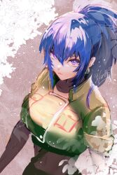 1girl bara_barao blue_eyes blue_hair closed_mouth collared_shirt earrings green_jacket jacket jewelry leaf leona_heidern looking_at_viewer military military_uniform navel ponytail shirt signature solo the_king_of_fighters the_king_of_fighters_xv triangle_earrings