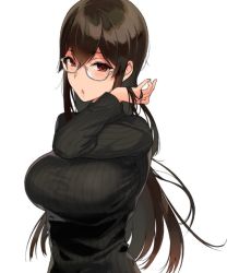 Rule 34 | 1girl, black sweater, blush, breasts, dress, glasses, hand in own hair, large breasts, long sleeves, looking at viewer, mole, mole under eye, parted lips, red eyes, ribbed sweater, sakuramachi touko, sasamori tomoe, simple background, solo, succubus stayed life, sweater, sweater dress, upper body, white background