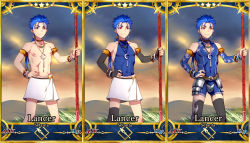 Rule 34 | 1boy, age regression, aged down, armor, asymmetrical legwear, bare shoulders, beads, belt, blue hair, bracelet, bridal gauntlets, card, codpiece, cowboy shot, crescent, crescent necklace, cu chulainn (fate), cu chulainn (fate/stay night), earrings, eilinna, elbow gloves, fate/stay night, fate (series), faulds, gae bolg (fate), gloves, grass, hair beads, hair ornament, hand on own hip, holding, jewelry, long hair, male focus, mismatched legwear, multiple views, necklace, nipples, outdoors, polearm, ponytail, red eyes, skin tight, slit pupils, spear, spiked hair, standing, thighhighs, topless male, type-moon, weapon