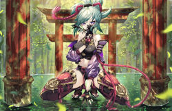 Rule 34 | 1girl, absurdres, afloat, arm guards, bamboo, bamboo forest, black gloves, black shorts, blurry, bow, commentary request, depth of field, fingerless gloves, forest, genshin impact, gloves, green hair, hair between eyes, hair bow, highres, japanese clothes, kuki shinobu, lankuchashuangjielong, leaf, long hair, looking at viewer, mask, mouth mask, nature, navel, ninja, ponytail, purple eyes, rope, sandals, shimenawa, shin guards, short shorts, shorts, sidelocks, solo, squatting, stomach, torii, torn mask
