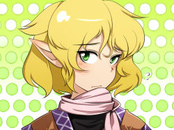 Rule 34 | 1girl, black shirt, blonde hair, blush, brown jacket, closed mouth, commentary request, green background, green eyes, hair between eyes, harusame (unmei no ikasumi), jacket, looking at viewer, mizuhashi parsee, multicolored clothes, multicolored jacket, pointy ears, polka dot, polka dot background, scarf, shirt, short hair, solo, touhou, upper body, white scarf
