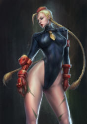 Rule 34 | 1girl, blonde hair, breasts, cammy white, capcom, female focus, gradient background, hat, leotard, solo, standing, street fighter
