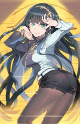 Rule 34 | 1girl, ass, black hair, bracelet, breasts, cleopatra (fate), cow (shadow), earrings, fate/grand order, fate (series), green eyes, hairband, hieroglyphics, highres, jewelry, long hair, necklace, pantyhose, pantyhose under shorts, ring, ring necklace, shorts, smile, solo