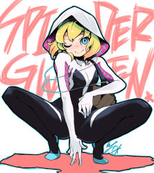 Rule 34 | 1girl, ;), animification, blonde hair, blue eyes, blue footwear, blue outline, bodysuit, breasts, character name, closed mouth, eyebrows, eyelashes, full body, gwen stacy, hood, hood up, hooded bodysuit, io naomichi, marvel, one eye closed, outline, short hair, silk, small breasts, smile, solo, spider-gwen, spider-man (series), spider web, spider web print, spread legs, squatting, superhero costume