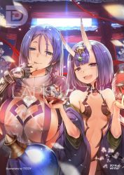 Rule 34 | 2girls, alcohol, backlighting, black gloves, blue eyes, blunt bangs, blurry, blush, bottle, breasts, bust cup, cherry blossoms, cleavage, commentary, covered erect nipples, cup, depth of field, fang, fate/grand order, fate (series), fingerless gloves, full-face blush, gauntlets, gloves, hair between eyes, half-closed eyes, hand up, hands up, holding, horns, japanese clothes, kimono, kimono pull, lantern, large breasts, licking, licking finger, light rays, long hair, looking at viewer, minamoto no raikou (fate), multiple girls, naked tabard, night, night sky, open mouth, paper lantern, petals, purple eyes, purple hair, revealing clothes, sakazuki, sake, sake bottle, short hair, shuten douji (fate), skin-covered horns, sky, small breasts, smile, tabard, teddy (khanshin), thick eyebrows, tongue, tongue out, torii, turtleneck, upper body, watermark