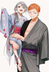 Rule 34 | 1boy, 1girl, :d, blue kimono, copyright request, earrings, eyes visible through hair, facing viewer, grey hair, grin, hair ornament, hair ribbon, hataya, highres, japanese clothes, jewelry, kimono, long hair, looking at viewer, obi, open mouth, orange hair, pom pom (clothes), pom pom hair ornament, purple sash, red eyes, red ribbon, red sash, ribbon, sash, short hair, simple background, smile, standing, very long hair, white background, yukata