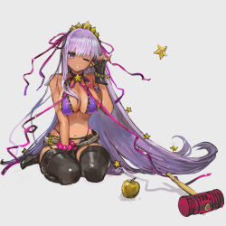 Rule 34 | 1girl, apple, bare shoulders, bb (fate), bb (fate) (all), bb (swimsuit mooncancer) (fate), bb (swimsuit mooncancer) (second ascension) (fate), belt, between legs, bikini, bikini top only, black shorts, black thighhighs, blush, bracelet, breasts, cleavage, earrings, fate/grand order, fate (series), food, fruit, garter straps, grey background, gyaru, hair ribbon, hammer, hand between legs, head tilt, jewelry, large breasts, long hair, looking at viewer, micro shorts, nail polish, navel, one eye closed, open clothes, open fly, open shorts, pearl bracelet, pink nails, pink ribbon, purple eyes, purple hair, ribbon, seiza, short shorts, shorts, simple background, sitting, smile, star (symbol), star earrings, straight hair, swimsuit, tan, thighhighs, thong, tomatika, very long hair