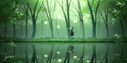 Rule 34 | 1girl, absurdres, artist name, dress, fantasy, forest, grass, h yuusui, headband, highres, lake, long dress, looking to the side, nature, original, outdoors, red hair, reflection, reflective water, scenery, shoes, short hair, signature, socks, solo, sparkle, tree, water