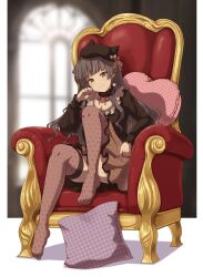 Rule 34 | 1girl, animal print, beret, black hair, black hat, black shirt, black thighhighs, blurry, blurry background, brown eyes, brown skirt, choker, commentary request, frilled choker, frilled shirt collar, frills, hand up, hat, heart, heart-shaped pillow, highres, idolmaster, idolmaster shiny colors, legs, leopard print, long hair, long sleeves, looking at viewer, mayuzumi fuyuko, no shoes, pillow, polka dot thighhighs, red ribbon, ribbon, satomura kyou, shirt, sidelocks, sitting, skirt, smile, smug, solo, thighhighs, thighs, window