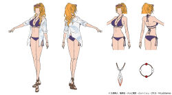 Rule 34 | 1girl, alternate costume, alternate hairstyle, armpits, ass, bare legs, bare shoulders, bikini, bleach, bleach: brave souls, breasts, character sheet, concept art, faceless, fingernails, full body, highres, large breasts, long hair, matsumoto rangiku, multiple views, navel, official alternate costume, official art, open clothes, open shirt, orange hair, ponytail, purple bikini, scan, shirt, side-tie bikini bottom, side ponytail, simple background, solo, standing, stomach, sunglasses on head, swimsuit, thighs, v-shaped eyebrows, very long hair, white background, white shirt, wide hips