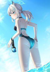 Rule 34 | 1girl, animal ear fluff, animal ears, ass, blue archive, blue eyes, blue sky, cloud, commentary request, competition swimsuit, cross hair ornament, from behind, goggles, unworn goggles, grey hair, hair ornament, halo, highres, low twintails, medium hair, menbou (menbow3v), one-piece swimsuit, shiroko (blue archive), shiroko (swimsuit) (blue archive), sky, soaking feet, solo, swimsuit, thighs, twintails, wading, water
