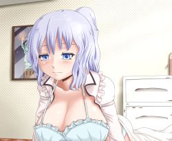 Rule 34 | 1girl, artist request, blue eyes, bra, breasts, chest of drawers, cleavage, commentary request, hair between eyes, huge breasts, merlin prismriver, open clothes, open shirt, panties, shirt, short hair, solo, statue of liberty, touhou, underwear, white bra