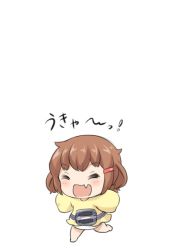 Rule 34 | 10s, 1girl, :d, alternate costume, blush, brown hair, commentary request, eyepatch, closed eyes, fang, gale kawaii, hair ornament, hairclip, ikazuchi (kancolle), kantai collection, open mouth, running, short hair, skin fang, sleeves past wrists, smile, solo, wardrobe error, aged down
