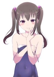 Rule 34 | 1girl, bad id, bad pixiv id, bare arms, bare shoulders, blue one-piece swimsuit, blush, brown hair, collarbone, competition school swimsuit, covered navel, flat chest, hair bobbles, hair ornament, hand on own chest, hand on own face, highres, kurosa kichi, long hair, long sleeves, one-piece swimsuit, photokano, plaid, red eyes, sakura mai (photokano), school swimsuit, sidelocks, simple background, skin tight, smile, solo, spaghetti strap, strap slip, swimsuit, twintails, upper body, white background