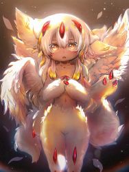Rule 34 | 1girl, claws, extra arms, faputa, feathered wings, fewer digits, hair between eyes, highres, looking at viewer, made in abyss, monster girl, navel, open mouth, own hands together, shuaidianwang, solo, standing, white fur, white hair, wings, yellow eyes