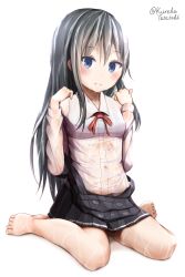 Rule 34 | 1girl, absurdres, asashio (kancolle), barefoot, black dress, black hair, blue bra, blue eyes, blush, bra, bra visible through clothes, breasts, closed mouth, clothes pull, collarbone, collared shirt, commentary request, dress, dress pull, dress shirt, hair between eyes, hands up, head tilt, highres, kantai collection, long hair, long sleeves, looking at viewer, neck ribbon, no nose, pinafore dress, red ribbon, ribbon, see-through, shadow, shirt, sitting, sleeveless, sleeveless dress, small breasts, solo, tateishi kureha, twitter username, underwear, very long hair, wariza, white background, white shirt