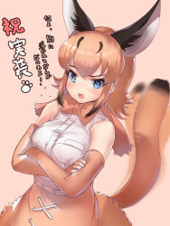 Rule 34 | 1girl, afterimage, animal ears, bare shoulders, black hair, blue eyes, blush, bow, bowtie, caracal (kemono friends), commentary request, cross-laced clothes, crossed arms, elbow gloves, extra ears, flying sweatdrops, gloves, high-waist skirt, highres, kemono friends, light brown hair, multicolored hair, shirt, short hair, sidelocks, skirt, sleeveless, solo, tadano magu, tail, tail wagging, traditional bowtie, translation request, white shirt