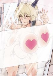 Rule 34 | 1girl, against glass, arched back, artoria pendragon (fate), artoria pendragon (lancer alter) (fate), between breasts, bikini, black bikini, blush, braid, breast press, breasts, breasts on glass, fate/grand order, fate (series), french braid, glass, glass door, hair between eyes, half-closed eyes, hand on glass, heart, heart pasties, highres, hirasawa seiji, horns, huge breasts, looking at viewer, naughty face, pasties, platinum blonde hair, shower (place), shower head, side-tie bikini bottom, swimsuit, thighs, topless, unfinished, yellow eyes