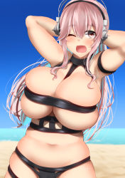 Rule 34 | 1girl, armpits, blush, breasts, cleavage, day, headphones, highres, hot limit, idolmaster, idolmaster cinderella girls, kitajima yuuki, large breasts, long hair, looking at viewer, navel, nitroplus, one eye closed, open mouth, outdoors, pink eyes, pink hair, revealing clothes, skindentation, smile, solo, super sonico, t.m.revolution, underboob
