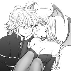 Rule 34 | 1boy, 1girl, antenna hair, blush, breasts, cleavage, closed mouth, collarbone, couple, detached sleeves, elizabeth liones, fang, greyscale, hair between eyes, hair over shoulder, hand on another&#039;s cheek, hand on another&#039;s face, hand on another&#039;s shoulder, harumiya, head wings, hetero, large breasts, long hair, long sleeves, meliodas, monochrome, nanatsu no taizai, open mouth, pantyhose, simple background, sketch, smile, straight hair, strapless, vampire, white background, wings